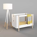 White Kids Bed with Wooden Legs Yellow and Grey Striped Blanket and White Floor Lamp