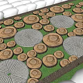 Circular Stepping Stones Path in Garden With Green Grass and Purple Flowers