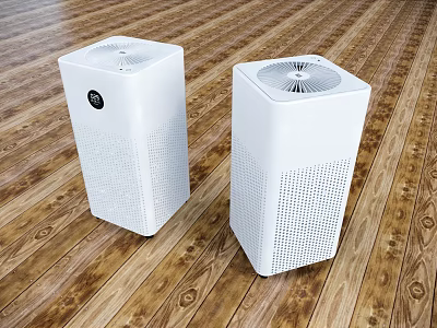 Two White Air Purifiers As Daily Electrical Appliances Placed On Wooden Floor 3d model