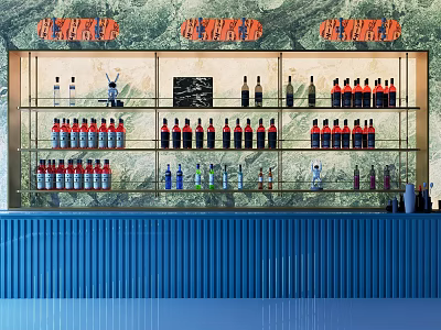 Modern Bar Interior Design With Blue Counter And Shelves Of Colorful Bottles 3d model