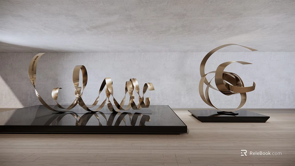 Modern Metal Sculptures With Curved Lines On Black Bases Against Light Walls And Wooden Floors 3d model 