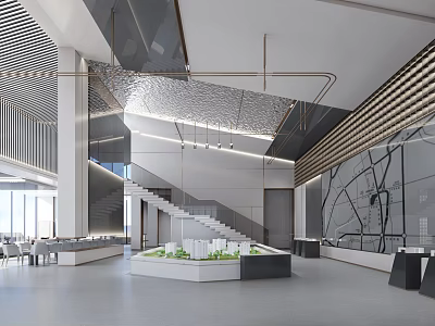Modern Sales Office Interior With Geometric Ceiling Central Model Display And Floor to Ceiling Windows 3d model