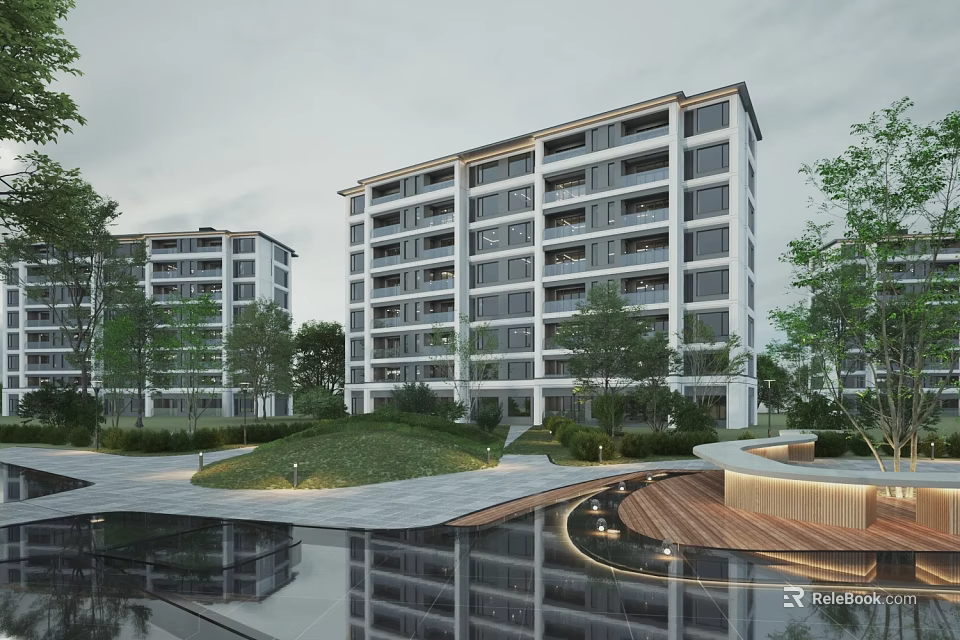 Modern Residential Building with Glass Facade Lush Greenery Trees Lawn Water Pond and Walkway 3d model 