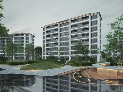 Modern Residential Building with Glass Facade Lush Greenery Trees Lawn Water Pond and Walkway 3d model