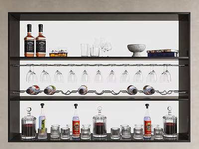 Wine Bottles And Glasses Display On Multi Tiered Shelf For Home Bar Collection 3d model