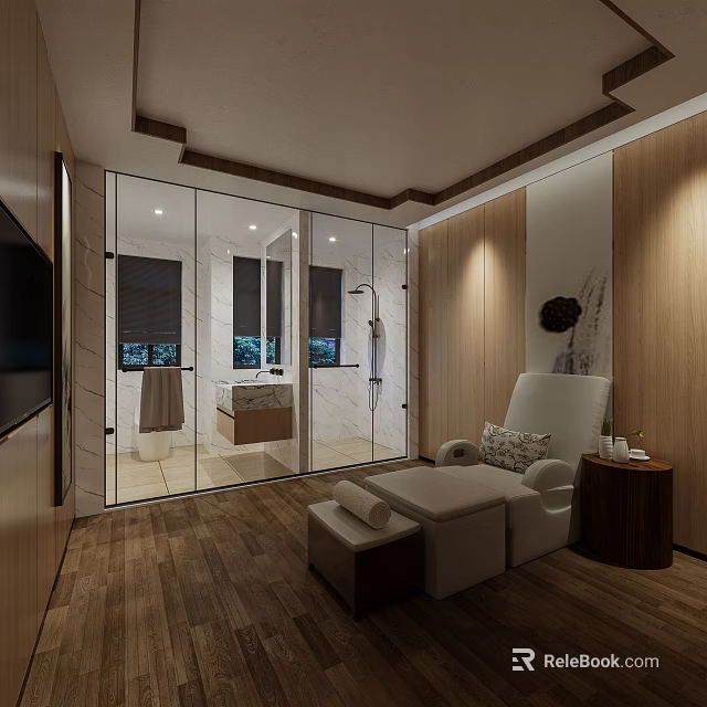 Luxurious SPA Sauna Space With Glass Partitions Wooden Walls Massage Chair And Warm Lighting 3d model 