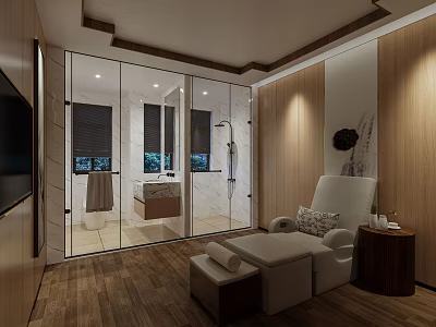 Luxurious SPA Sauna Space With Glass Partitions Wooden Walls Massage Chair And Warm Lighting 3d model