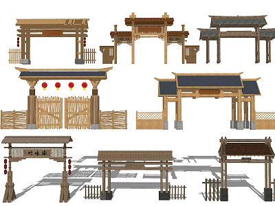 Traditional Chinese Entrance Gates With Wooden Structures Tile Roofs and Red Lanterns 3d model