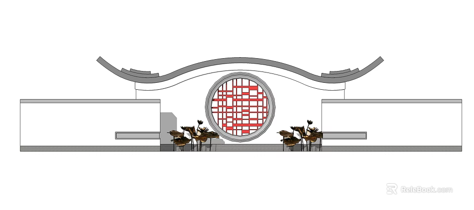 Oriental Scenic Wall Design With Circular Red Grid Window Curved Top And Wooden Tables Chairs 3d model 