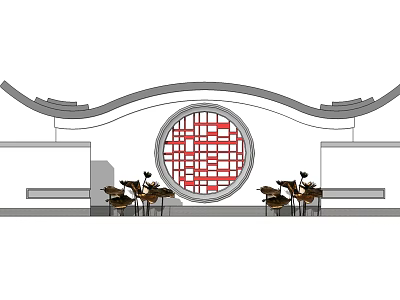 Oriental Scenic Wall Design With Circular Red Grid Window Curved Top And Wooden Tables Chairs 3d model