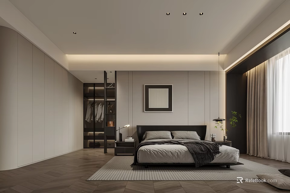 Modern Bedroom Interior Design With King Bed Nightstands Framed Art And Area Rug 3d model 