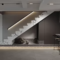 Modern Marble Staircase Interior With LED Strip Lighting Cabinets And Bar Stools 3d model