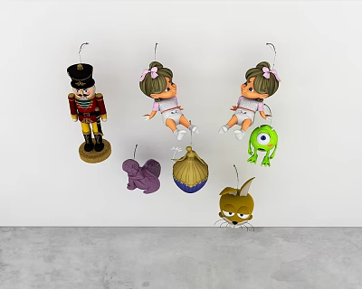 Hanging Decorative Dolls Collection Including Nutcracker Bows Green Monster Purple Squirrel And Brown Cat 3d model
