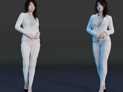 Two Women Posing in White Professional Suit Set With Slim Fit Design 3d model