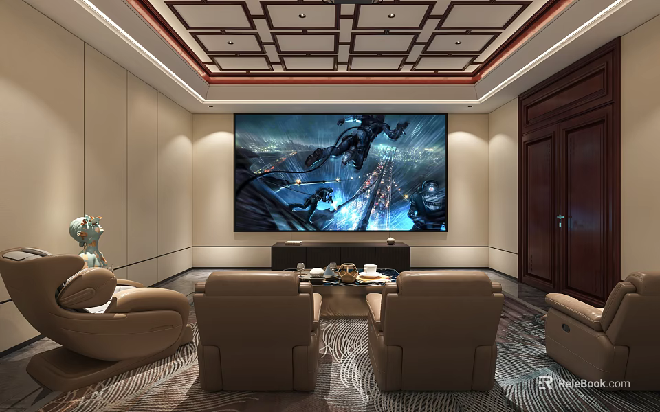 Elegant Home Theater Interior With Large Screen TV Comfortable Brown Sofas And Decorative Ceiling Design 3d model 