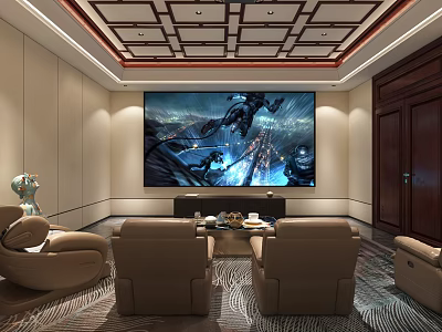 Elegant Home Theater Interior With Large Screen TV Comfortable Brown Sofas And Decorative Ceiling Design 3d model
