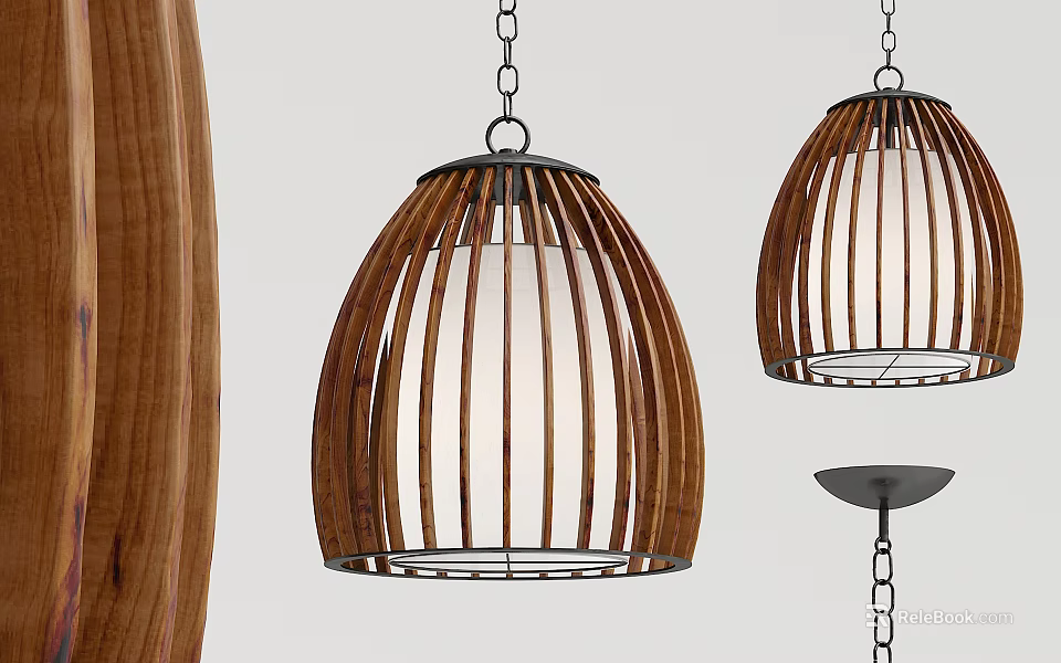 Modern Rustic Wooden Chandeliers With Round Shade Vertical Slats And Metal Chain 3d model 