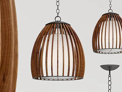 Modern Rustic Wooden Chandeliers With Round Shade Vertical Slats And Metal Chain 3d model