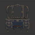 Vintage Blue Dressing Table With Gold Accents Carved Mirror Drawers And Velvet Stool