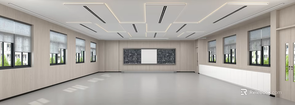 School Modern Classroom With Open Ceiling Blackboard Whiteboard Wooden Walls And Windows 3d model 