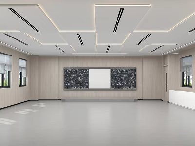 School Modern Classroom With Open Ceiling Blackboard Whiteboard Wooden Walls And Windows 3d model