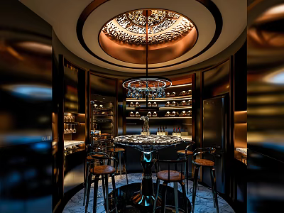 Elegant Wine Cellar Interior With Circular Chandelier Wooden Racks And Bar Table 3d model