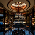 Elegant Wine Cellar Interior With Circular Chandelier Wooden Racks And Bar Table