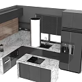 Modern Kitchen Interior With Black Wooden Cabinets And Marble Island Countertop