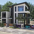 Modern Two Story Detached Villa With Large Windows Greenery And Cars Parked Front