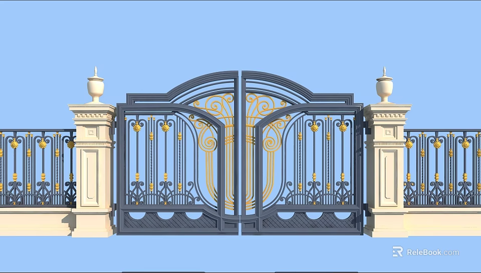 Classic Wrought Iron Entrance Gate With Ornate Patterns And Decorative Stone Pillars 3d model 