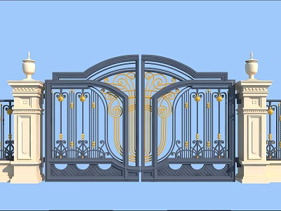 Classic Wrought Iron Entrance Gate With Ornate Patterns And Decorative Stone Pillars 3d model
