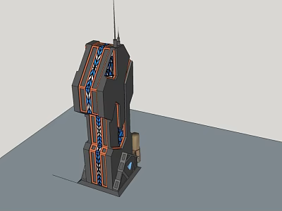 Futuristic Tower Like Structure With Black Orange Blue Stripes Decorative Patterns And Antenna 3d model