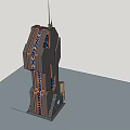 Futuristic Tower Like Structure With Black Orange Blue Stripes Decorative Patterns And Antenna