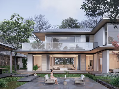 Modern Detached Villa With Glass Walls Open Patio And Lush Trees Surrounding 3d model