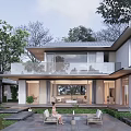 Modern Detached Villa With Glass Walls Open Patio And Lush Trees Surrounding