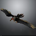 Mythical Bird Flying With Spread Wings Black Feathers Red Head Yellow Beak Sharp Claws