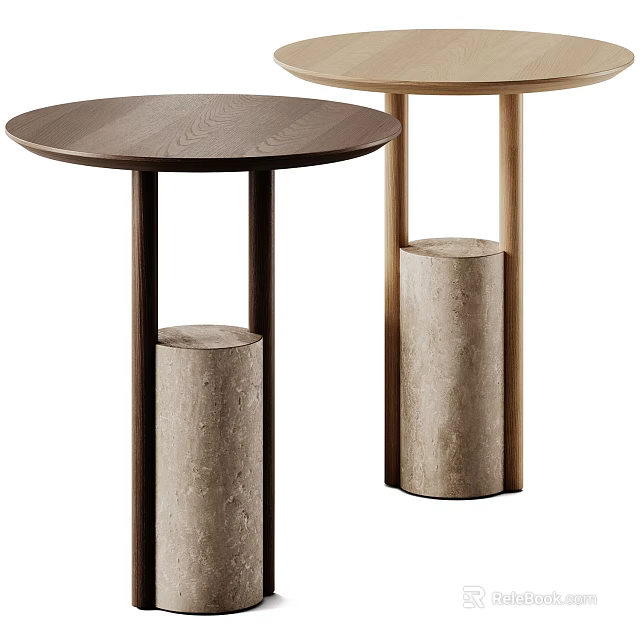 Modern Pair Of Round Top Side Tables With Wooden Tabletop And Cylindrical Stone Bases 3d model 