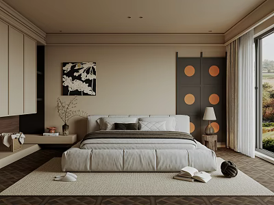 Modern Bedroom Design Featuring Gray Bed Geometric Rug Round Panel Screen And Large Window 3d model
