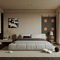 Modern Bedroom Design Featuring Gray Bed Geometric Rug Round Panel Screen And Large Window