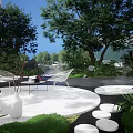 Tranquil Garden Landscape With Reflective Pond Modern White Buildings And Green Trees 3d model