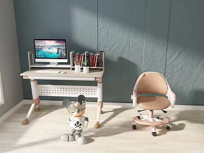 Kids Desk and Chair Set with Computer Monitor Books and Stuffed Toy on Light Wooden Floor 3d model