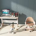 Kids Desk and Chair Set with Computer Monitor Books and Stuffed Toy on Light Wooden Floor