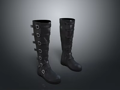 Black Long Leather Boots With Metal Buckles For Stylish Daily Wear 3d model
