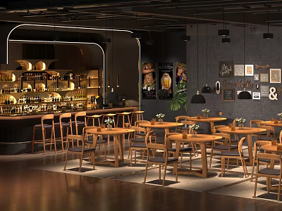 Modern Bar Interior With Wooden Furniture Bottle Shelves And Wall Art 3d model