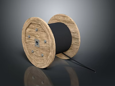 Sturdy Wooden Cable Reel With Black Cable For Heavy Duty Industrial Use 3d model