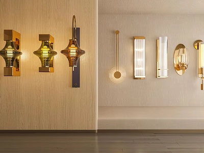 Modern Wall Lamps With Various Designs And Gold Brass Finish On Wooden And Light Walls 3d model