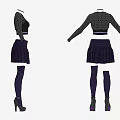 Women's Stylish Outfit Featuring Black Crop Top Purple Heart Grey Sleeves Skirt Stockings and Heels