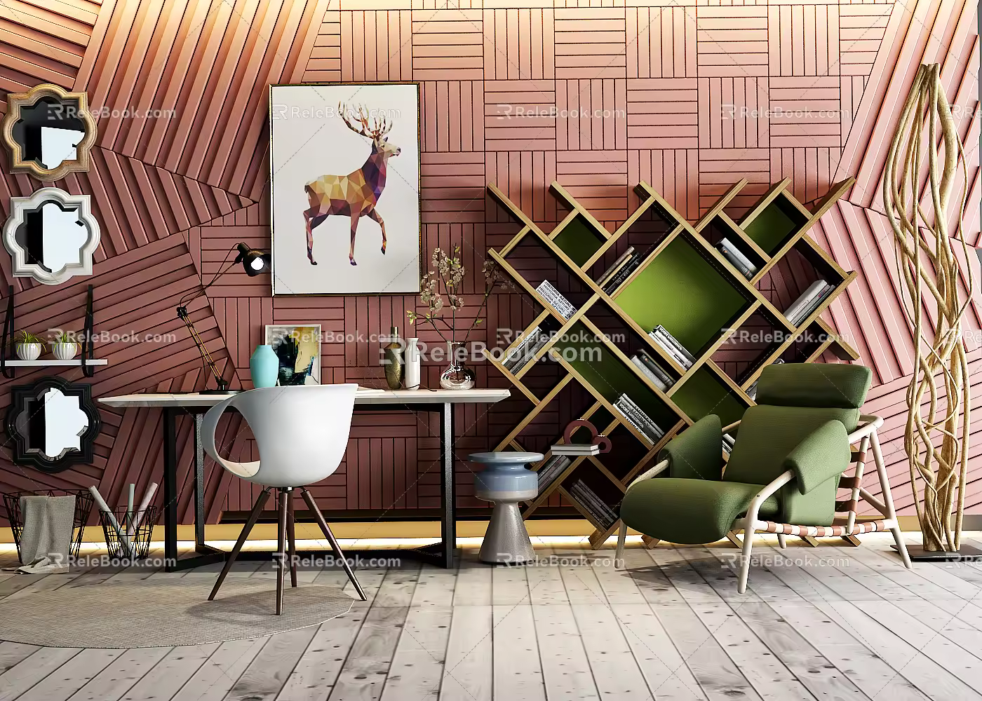 Nordic desk and chair desk and chair bookshelf combination 3d model