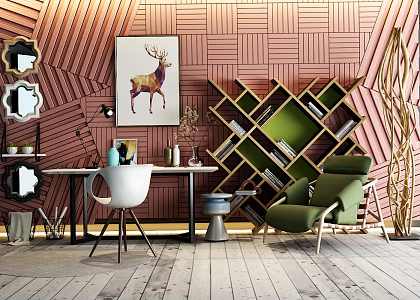 Nordic desk and chair desk and chair bookshelf combination 3d model
