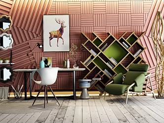 Nordic desk and chair desk and chair bookshelf combination 3d model